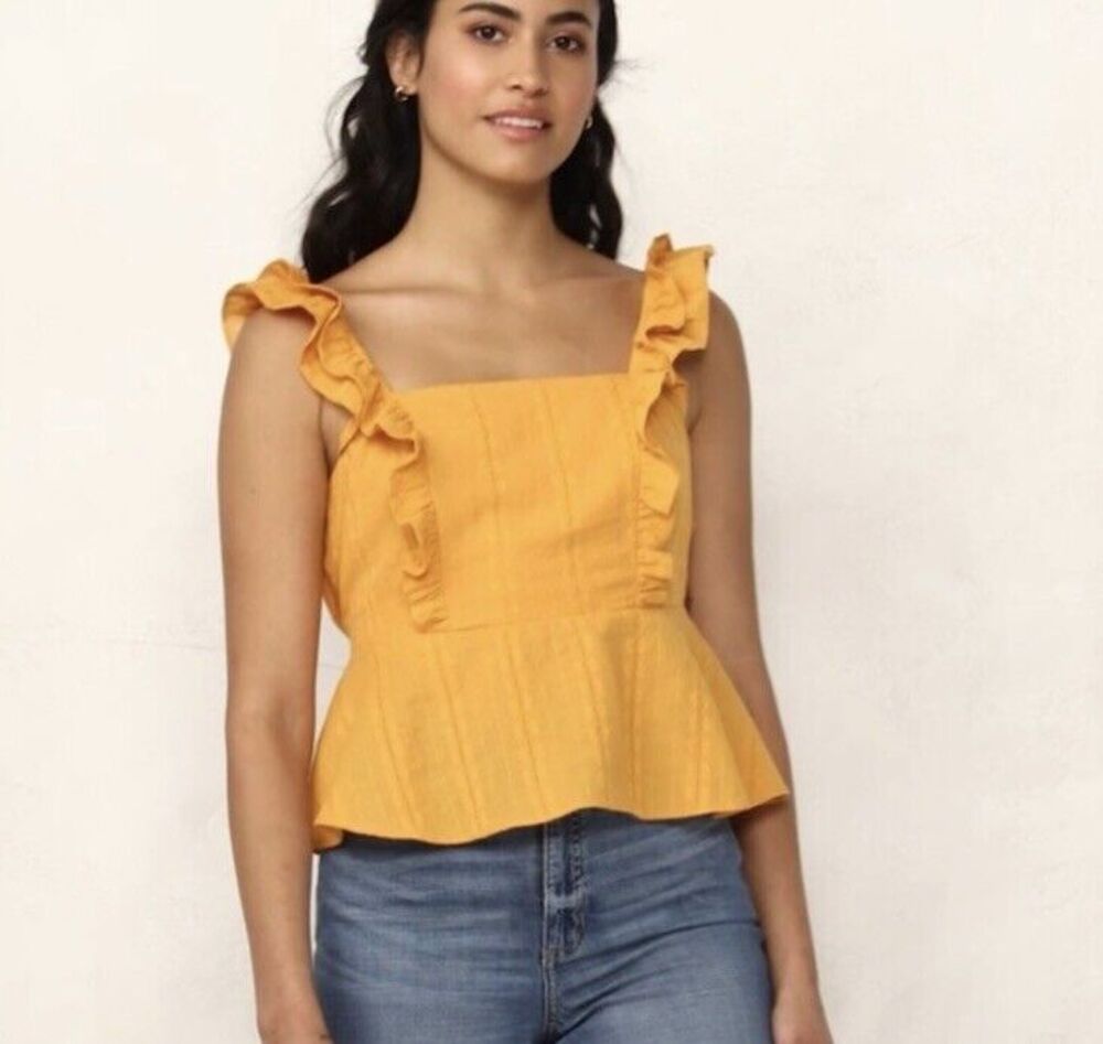 NWT Lauren Conrad Large Ruffle Peplum Tank Top Mustard Yellow Bow Cottagecore